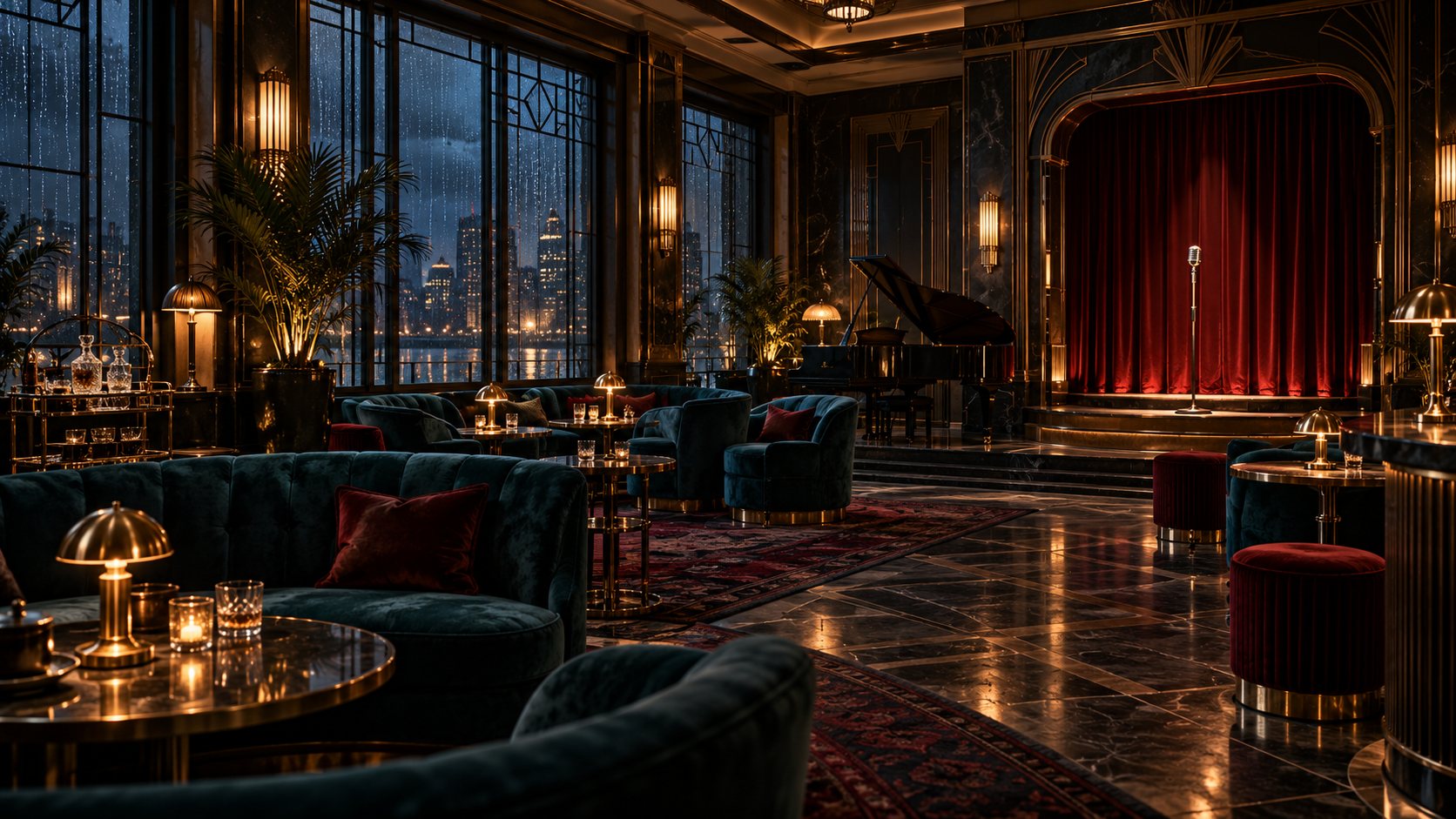Eine geheimnisvolle Hotelbar im Film-Noir-Stil mit warmem Licht