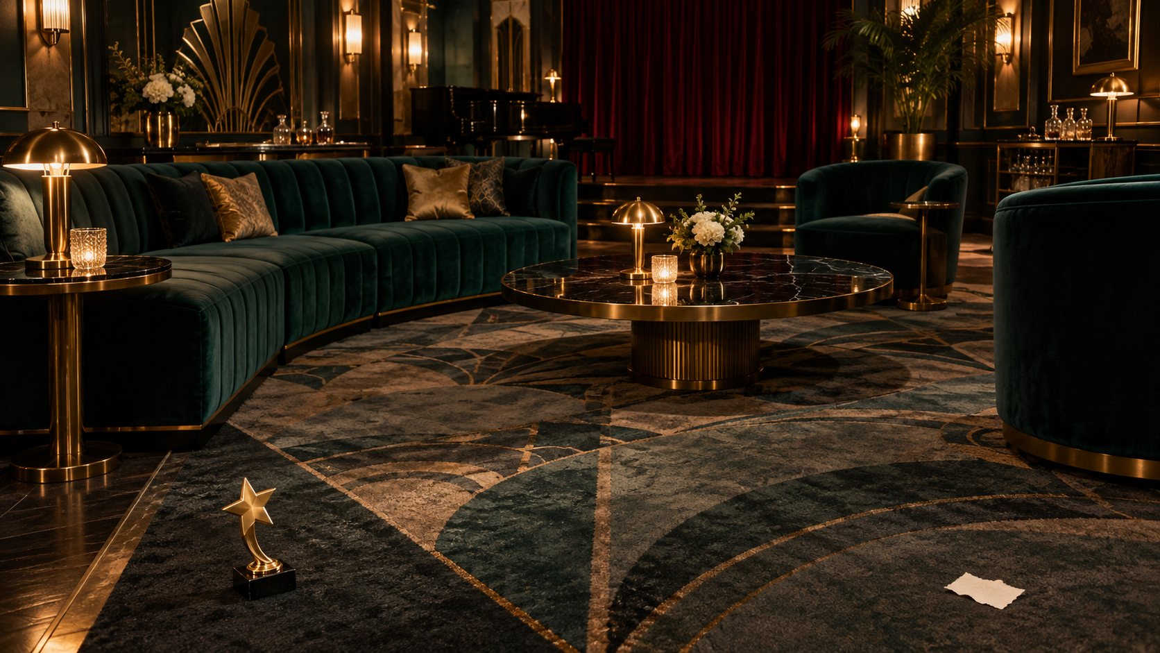 Die Bühne im Hotel Noir: Samtvorhang, Flügel und ein einsamer Scheinwerfer